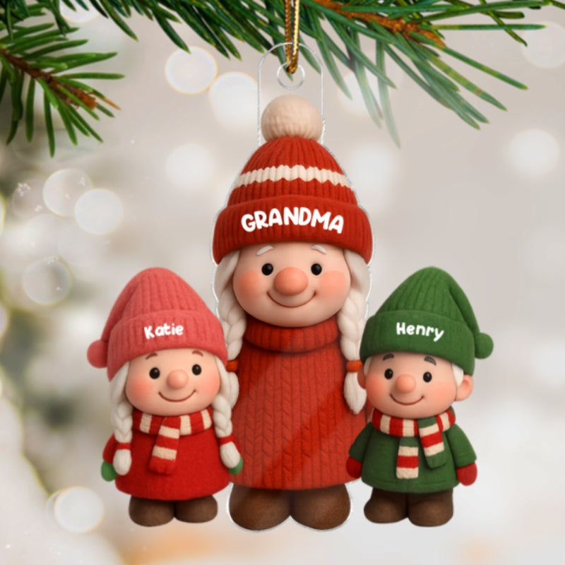 3D Effect Cute Gnome Grandma And Grandkids - Personalized Acrylic Ornament