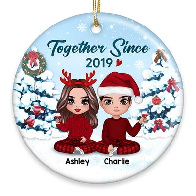 Couple Sitting In Snow Personalized Circle Ornament