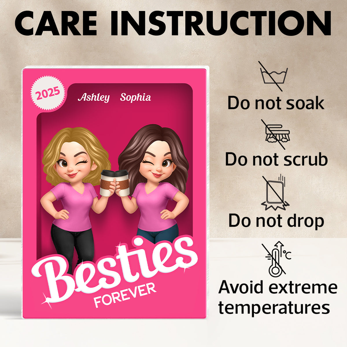 Besties Forever Pink Action Figure 3D Effect - Personalized Acrylic Block Plaque - Gift for Besties, Best Friends