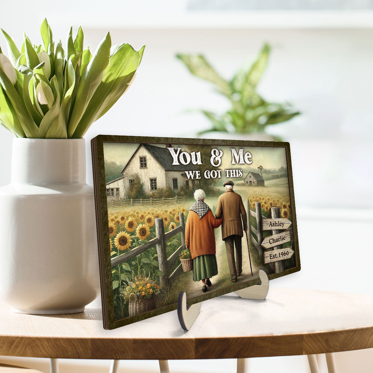 Old Couple Walking Growing Old Together Personalized 2-Layer Wooden Plaque, Heartfelt Gift For Couple, For Him, For Her, Boyfriend, Girlfriend, Husband, Wife