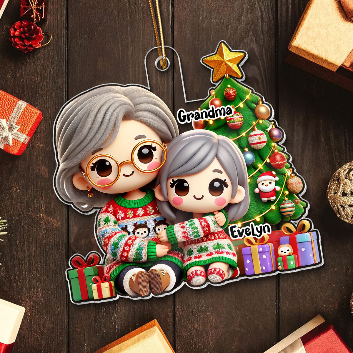 Cute Grandma Grandkid Christmas Tree And Gifts Personalized Acrylic Ornament