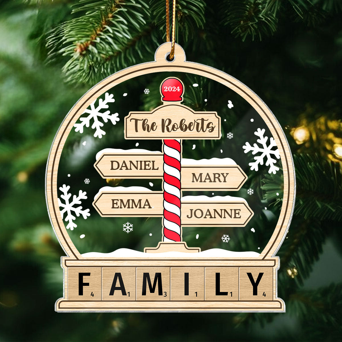 Family North Pole Sign In Snow Globe Personalized Acrylic Ornament, Christmas Gift