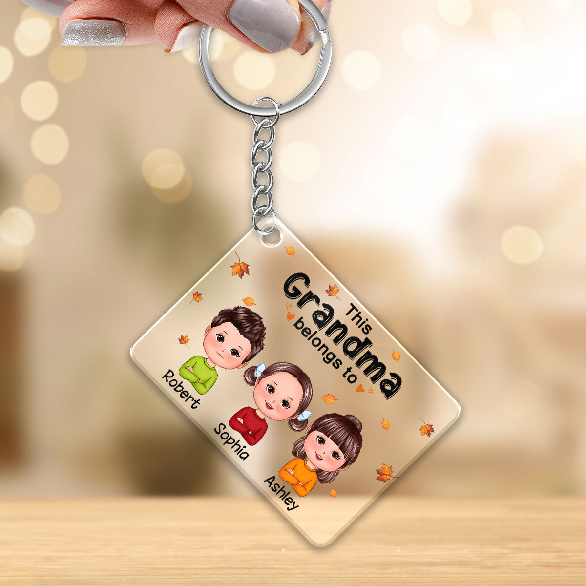 Fall Leaves This Grandma Mom Belongs To Cute Kids Personalized Acrylic Keychain