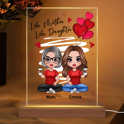 Red Hearts Like Mother Like Daughters Doll Mom And Daughters Sitting Personalized Heart Acrylic Plaque LED Night Light