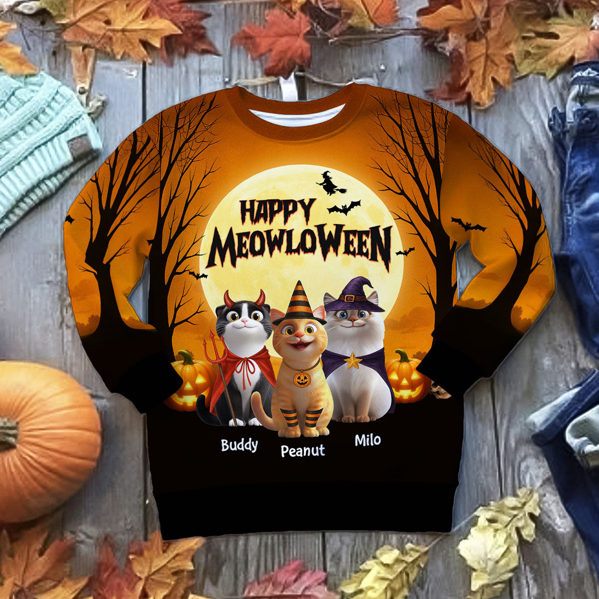 Happy Meowloween Personalized 3D Sweatshirt, Halloween Costume for Cat Lovers