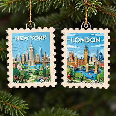 Any City Landscape Stamp - Personalized Acrylic Ornament - Travel Keepsake For Travel Lover
