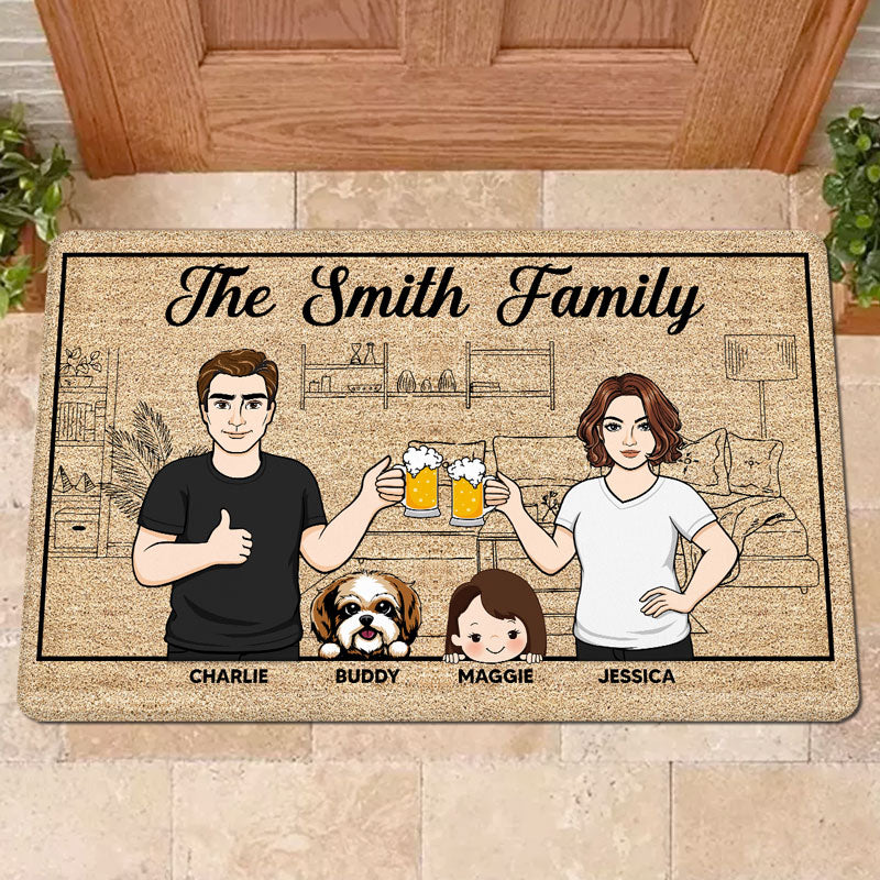 Outline Background Family Kids Dogs Cats Home Sweet Home Personalized Doormat