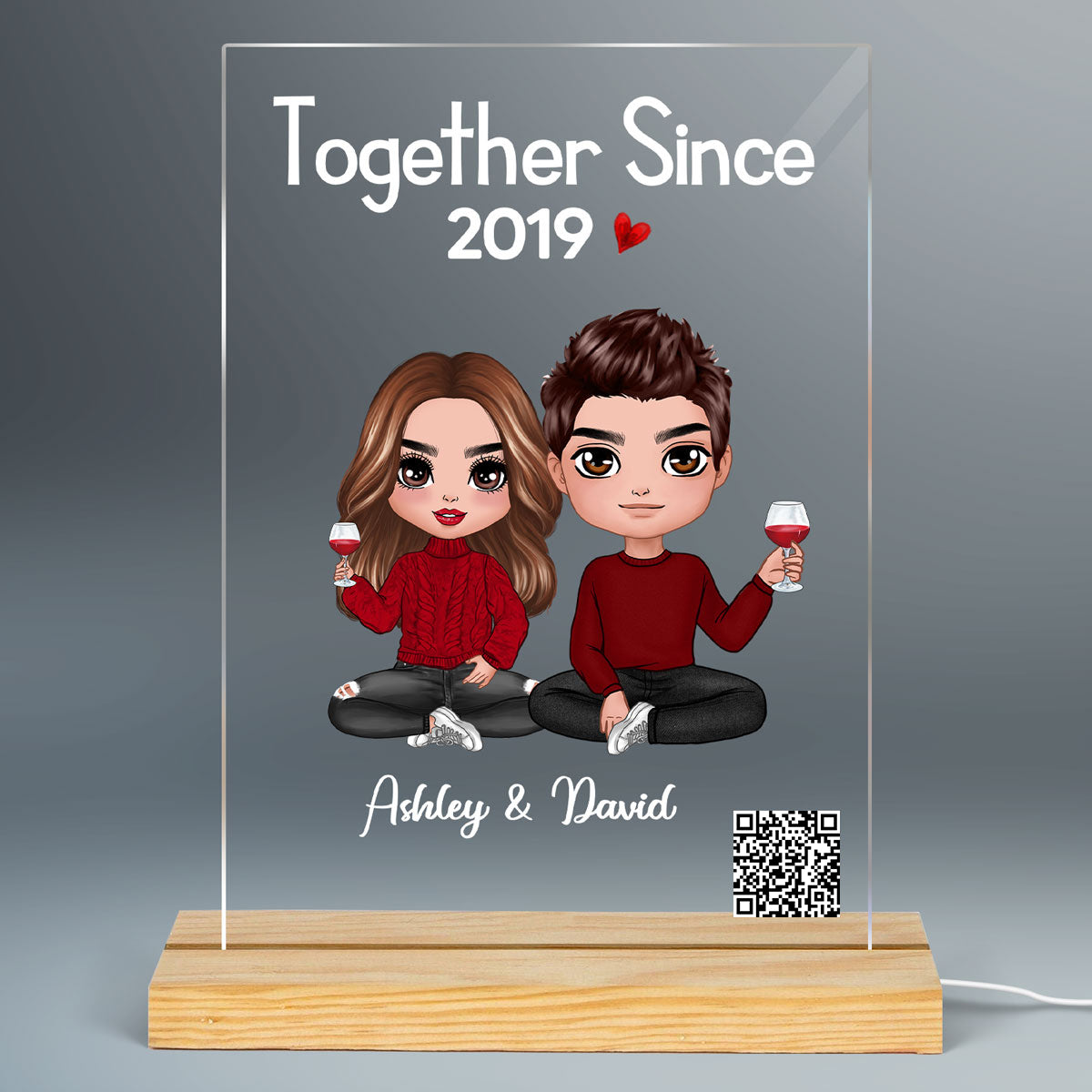 Doll Couple Sitting Scannable QR Code Gift For Him Gift For Her Personalized Rectangle Acrylic Plaque With LED Night Light