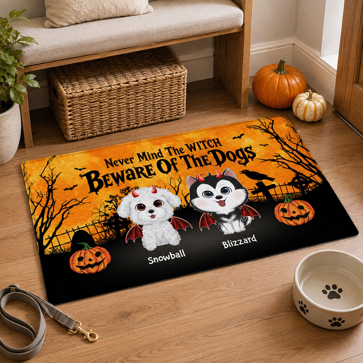 Halloween Theme Never Mind The Witch Beware Of The Dogs - Personalized Doormat - Halloween Decor For Dog Lovers