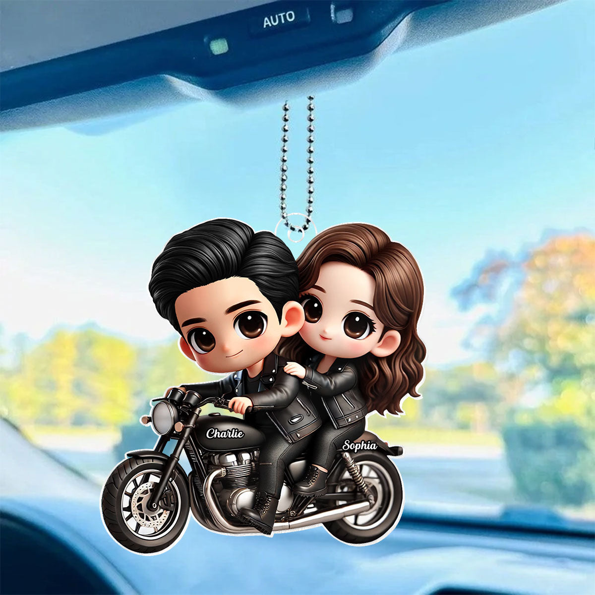 3D Effect Cute Cartoon Couple Motorcycle Personalized Acrylic Car Hanger, Anniversary &  Gift for him, Gift for her