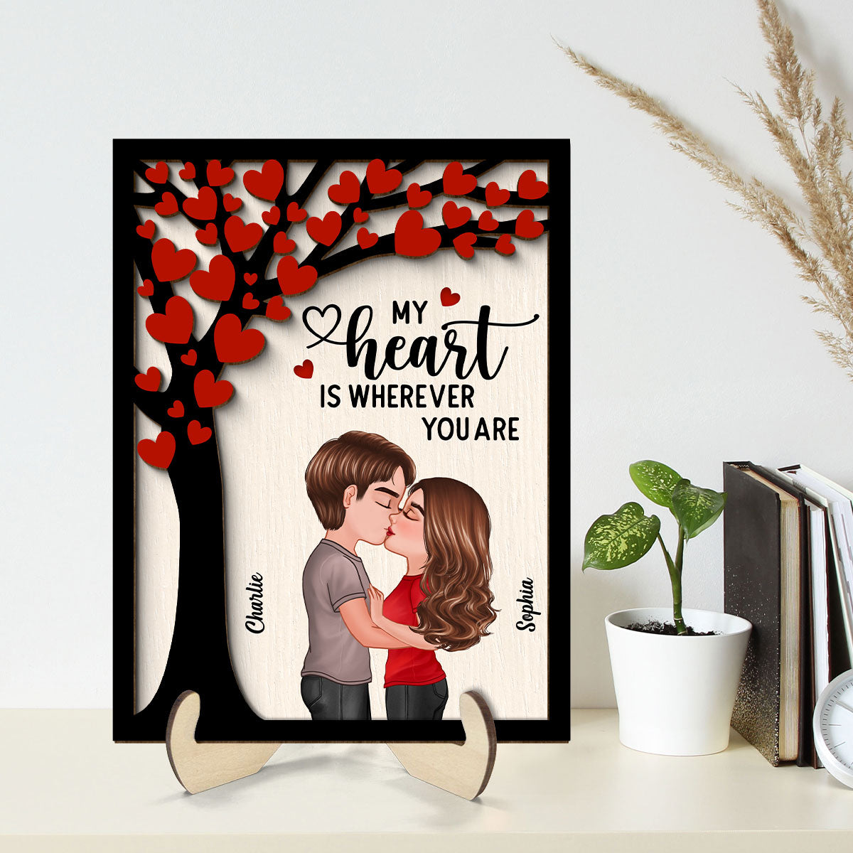 Couple Kissing Under Heart Tree Personalized 2-Layer Wooden Plaque