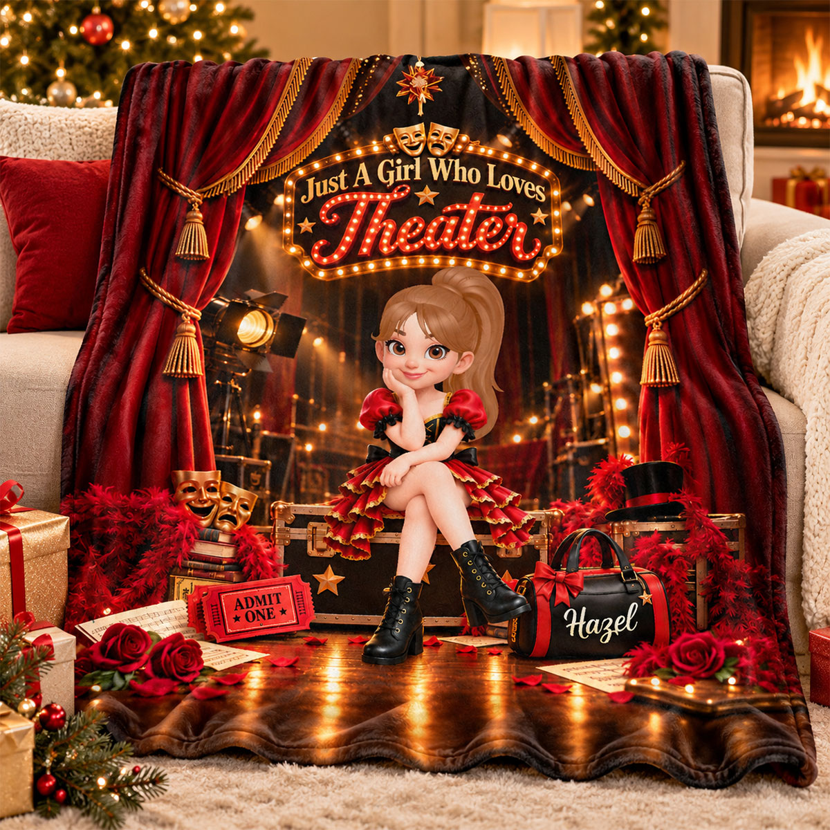 Just a Girl Who Loves Theater - Personalized Fleece Blanket - Christmas Gift for Daughter, Granddaughter