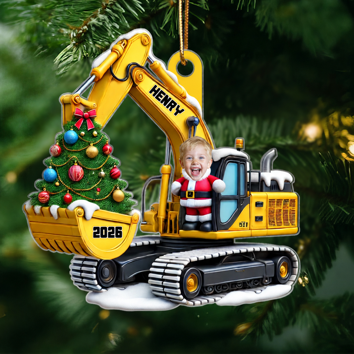 Personalized Xmas Excavator Construction Backhoe Kid Photo Ornament, 3D Effect Xmas Gift For Kids