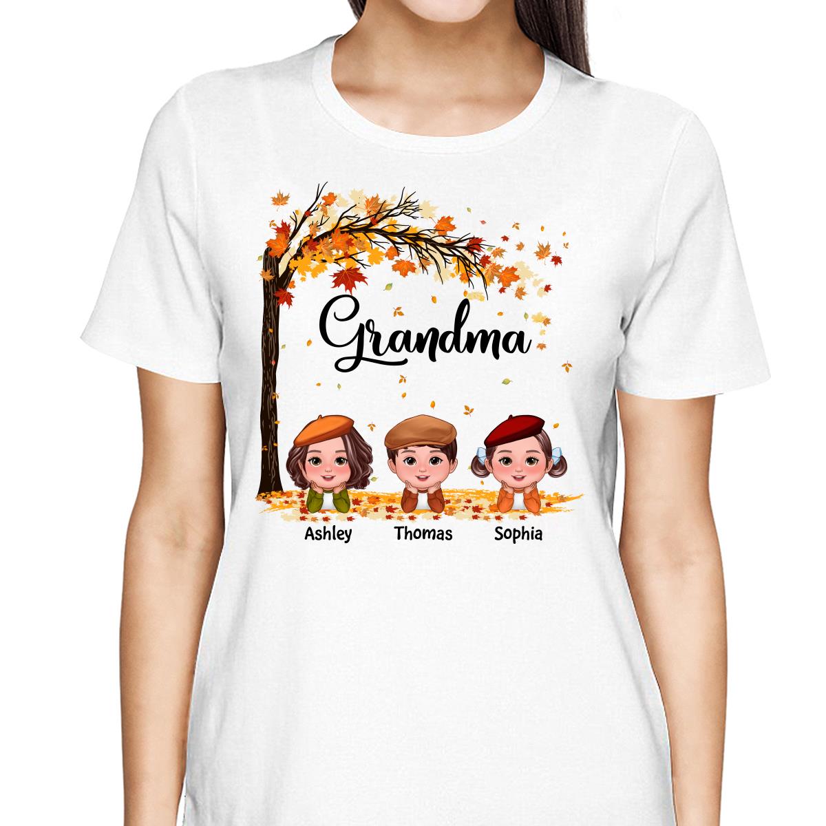 Fall Season Kids Laying On Leaves Grandma Mom Personalized Shirt