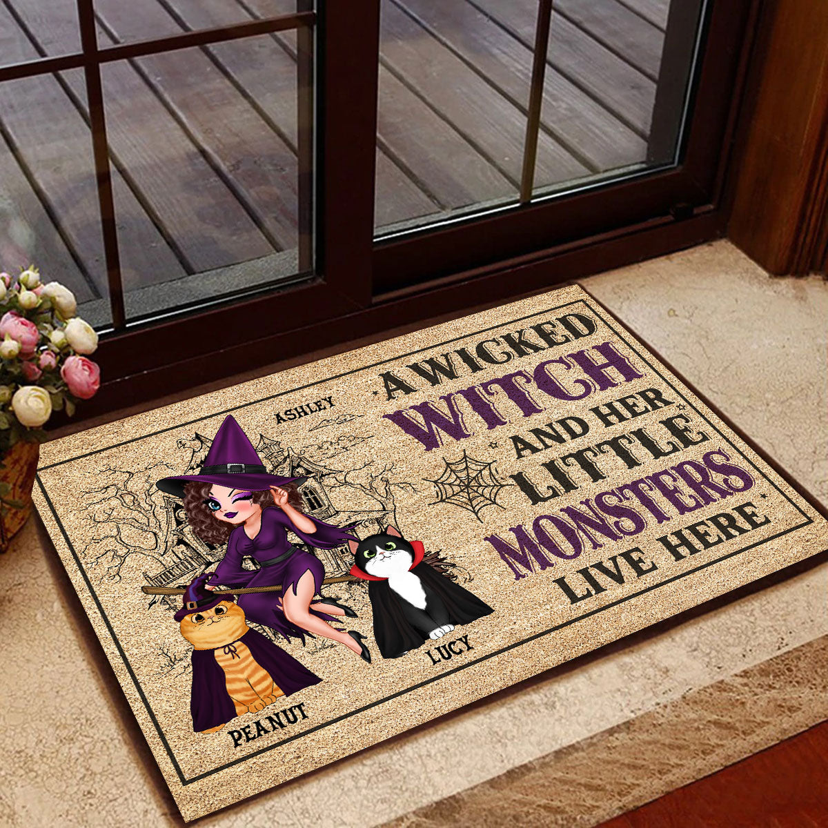 Doll Wicked Witch On Broom And Little Monsters Fluffy Cats Live Here Personalized Doormat