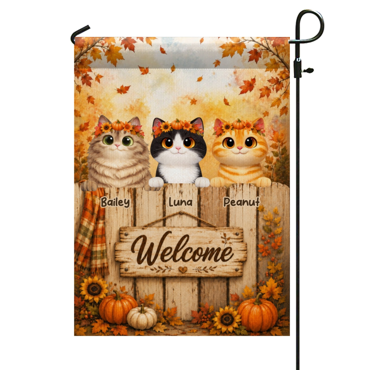 Cozy Fall Welcome Cats Peeking On Fence - Personalized Garden Flag - Fall Season Decoration