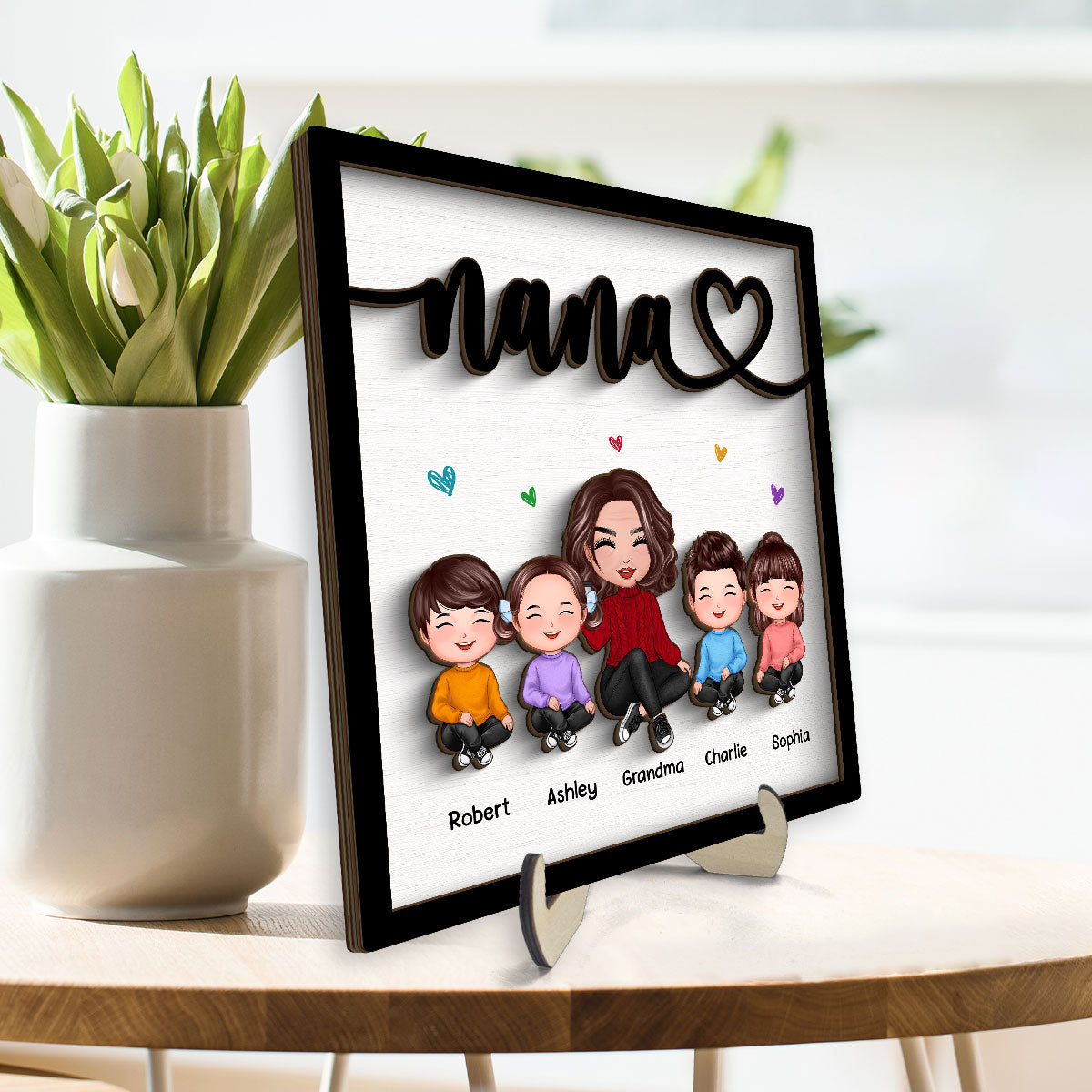 Grandma Grandkids Sitting Happy Face Personalized 2-layer Wooden Plaque