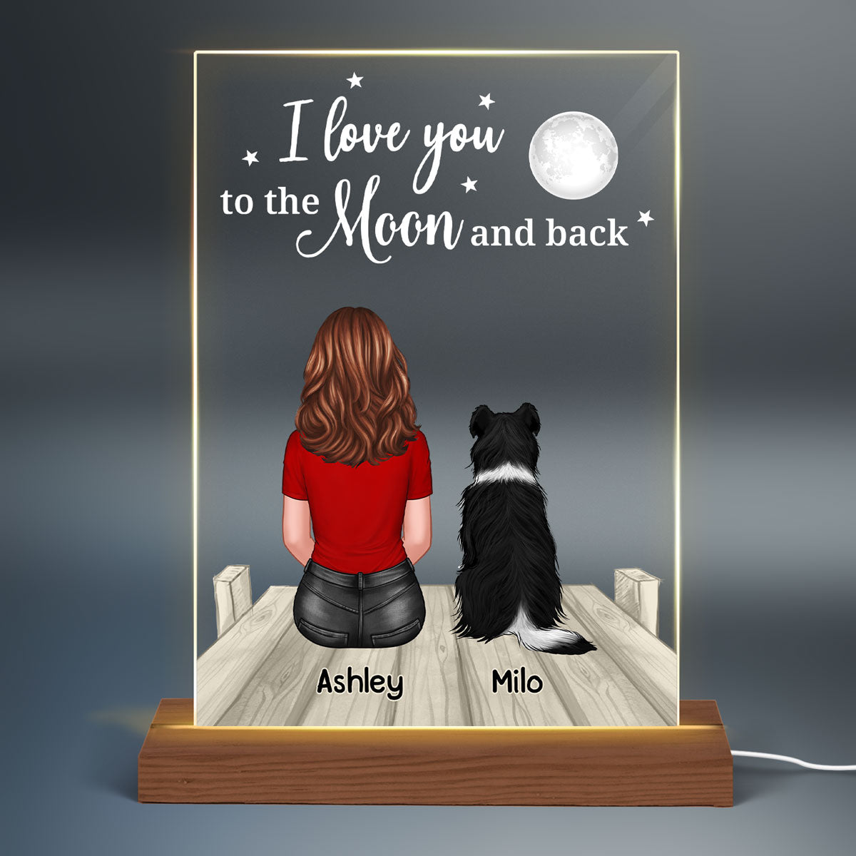 Love To The Moon And Back Woman & Pets On Bridge Personalized Rectangle Acrylic Plaque With LED Night Light - Gift For Dog Lover, Cat Lover, Pet Lover