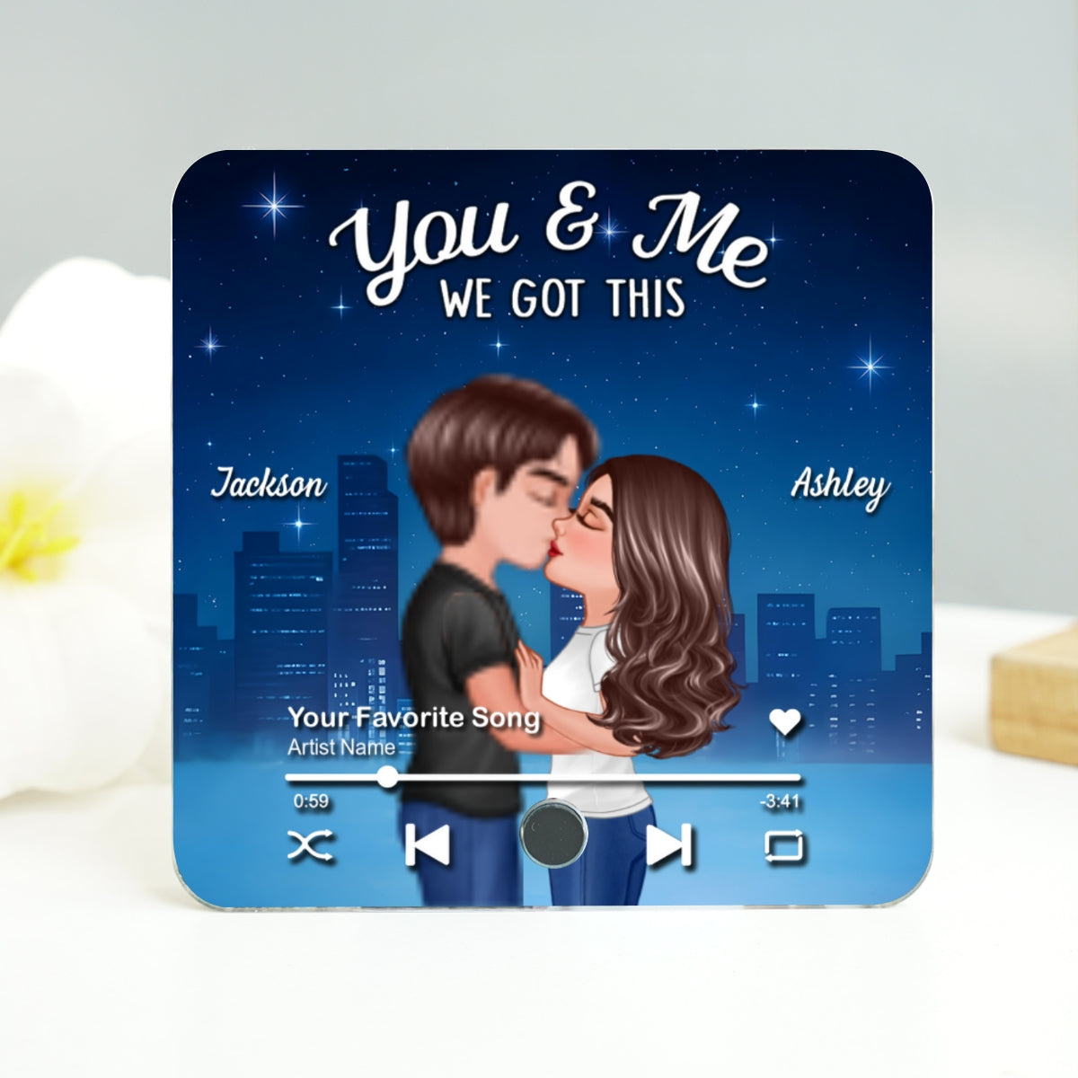 Couple Kissing Neon City Night Skyline Personalized Music Magnet, Anniversary gift for him, for her
