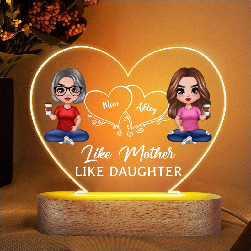 Hearts Doll Mother Daughter Sitting Gift For Mom Personalized Acrylic Heart Plaque LED Night Light