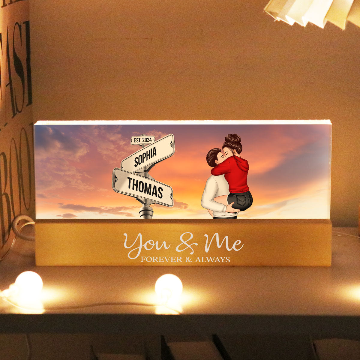 Couple Kissing Beside Street Signs Personalized Acrylic Block LED Night Light, Gift For Him, For Her, Boyfriend, Girlfriend, Husband, Wife