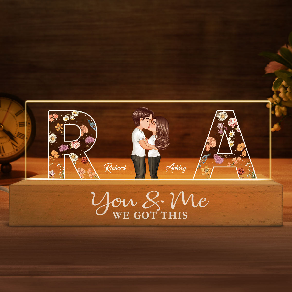 Couple Initials Floral Theme Couple Kissing Anniversary Gift Personalized Acrylic Block LED Night Light