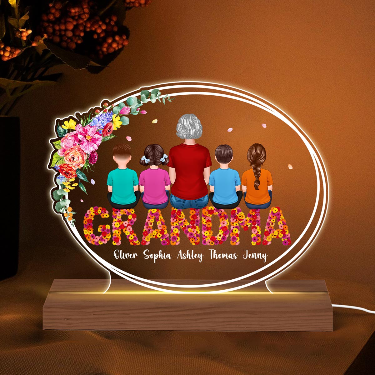 Floral Sitting Grandma With Grandchildren Personalized Custom Shape LED Night Light