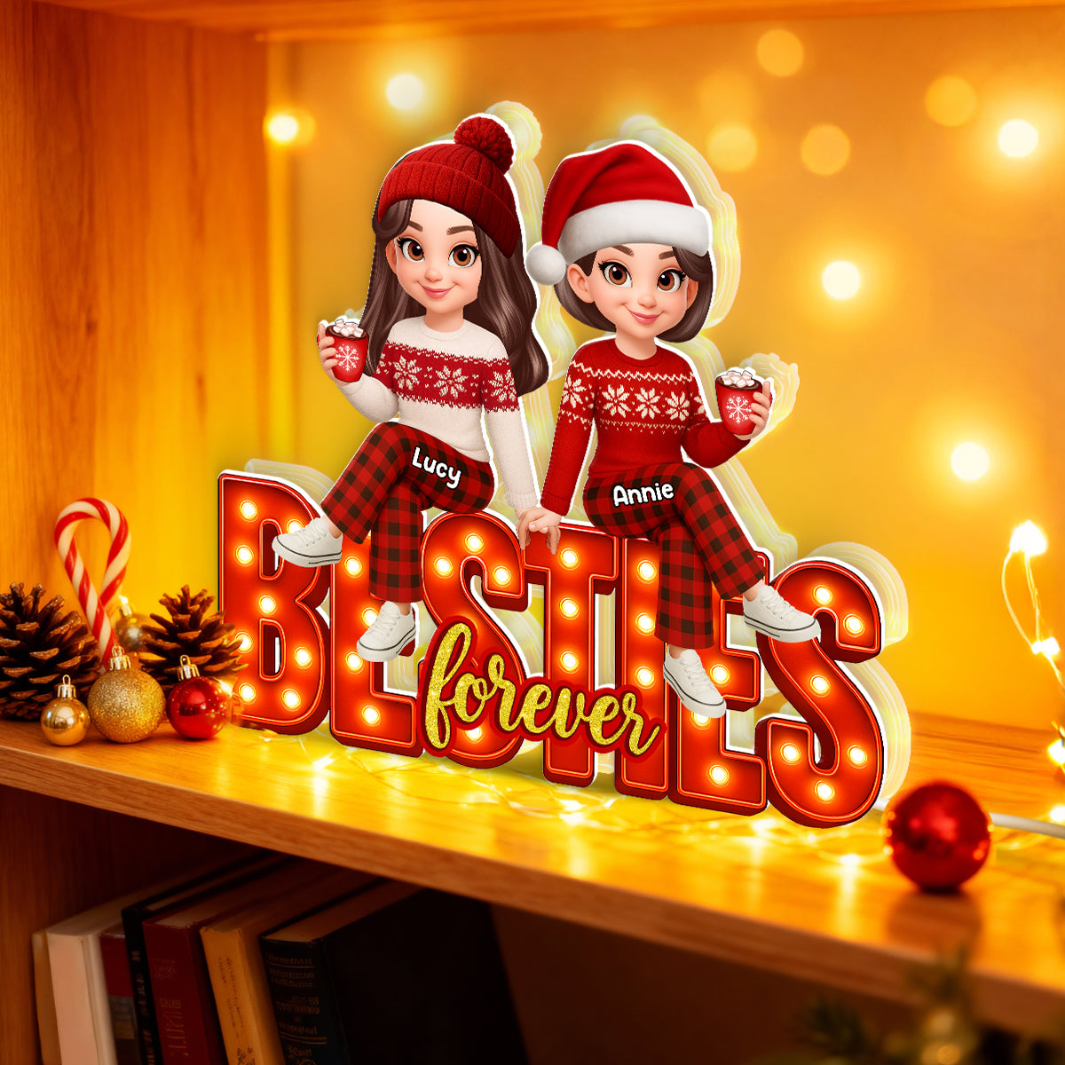 3D Effect Christmas Besties Forever - Personalized Light Box - Christmas Gift For Best Friends