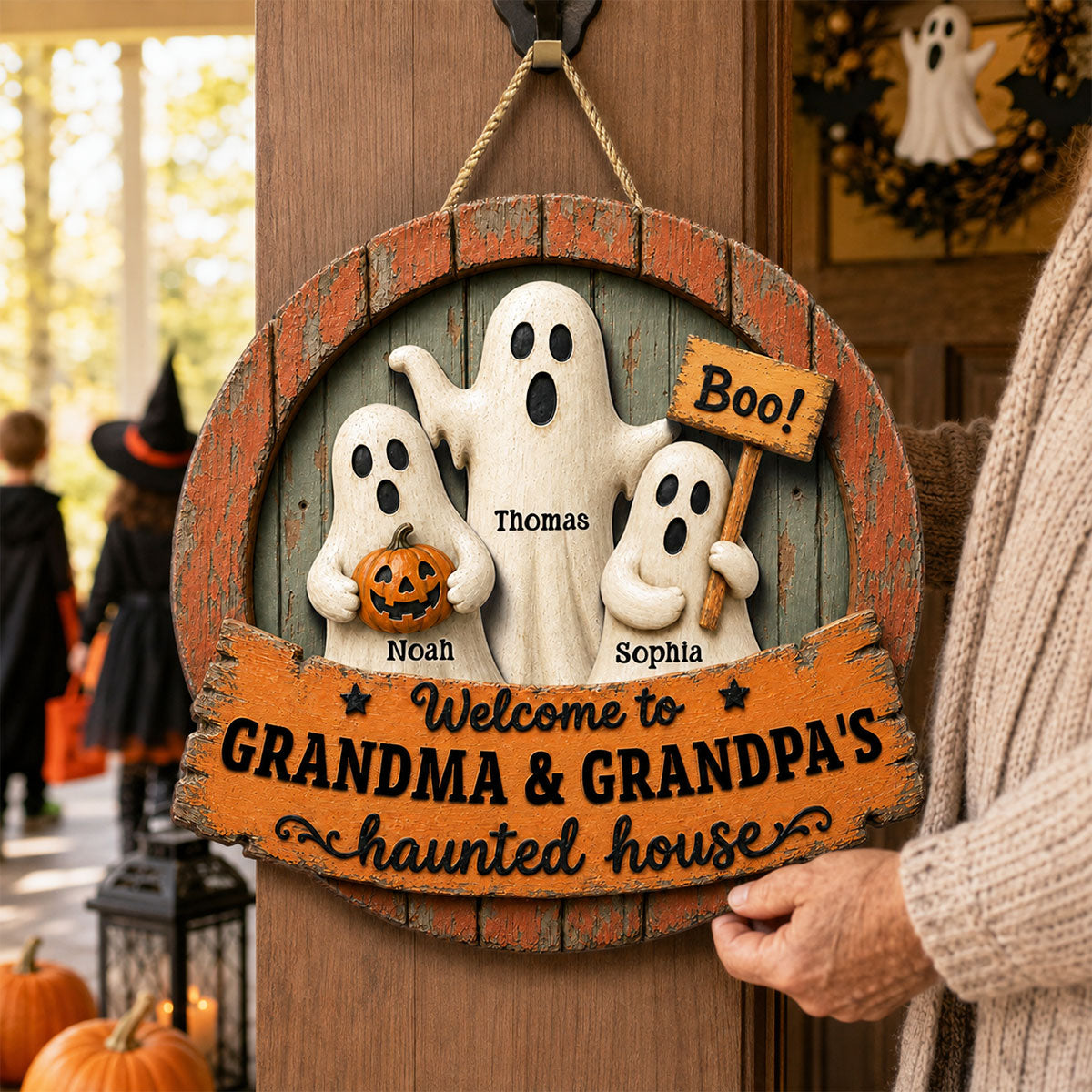 Welcome to Grandma Grandpa's Haunted House - Personalized Door Hanger - Halloween Decor for Grandparents