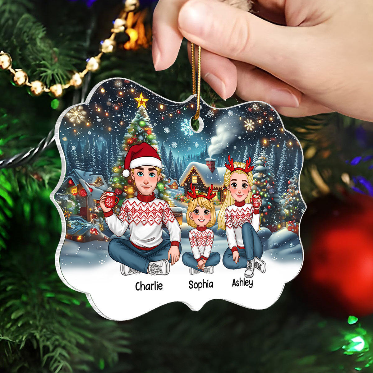 Cozy Christmas Animated Family Together Personalized Acrylic Ornament, Christmas Decoration, Christmas Gift For Family