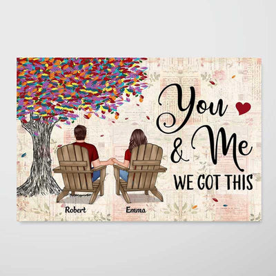 Vintage Back View Couple Sitting Under Colorful Tree Personalized Horizontal Poster