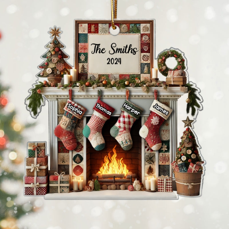 3D Effect Quilting Patchwork Fabric Patterns Fireplace Family Names Christmas Personalized Acrylic Ornament