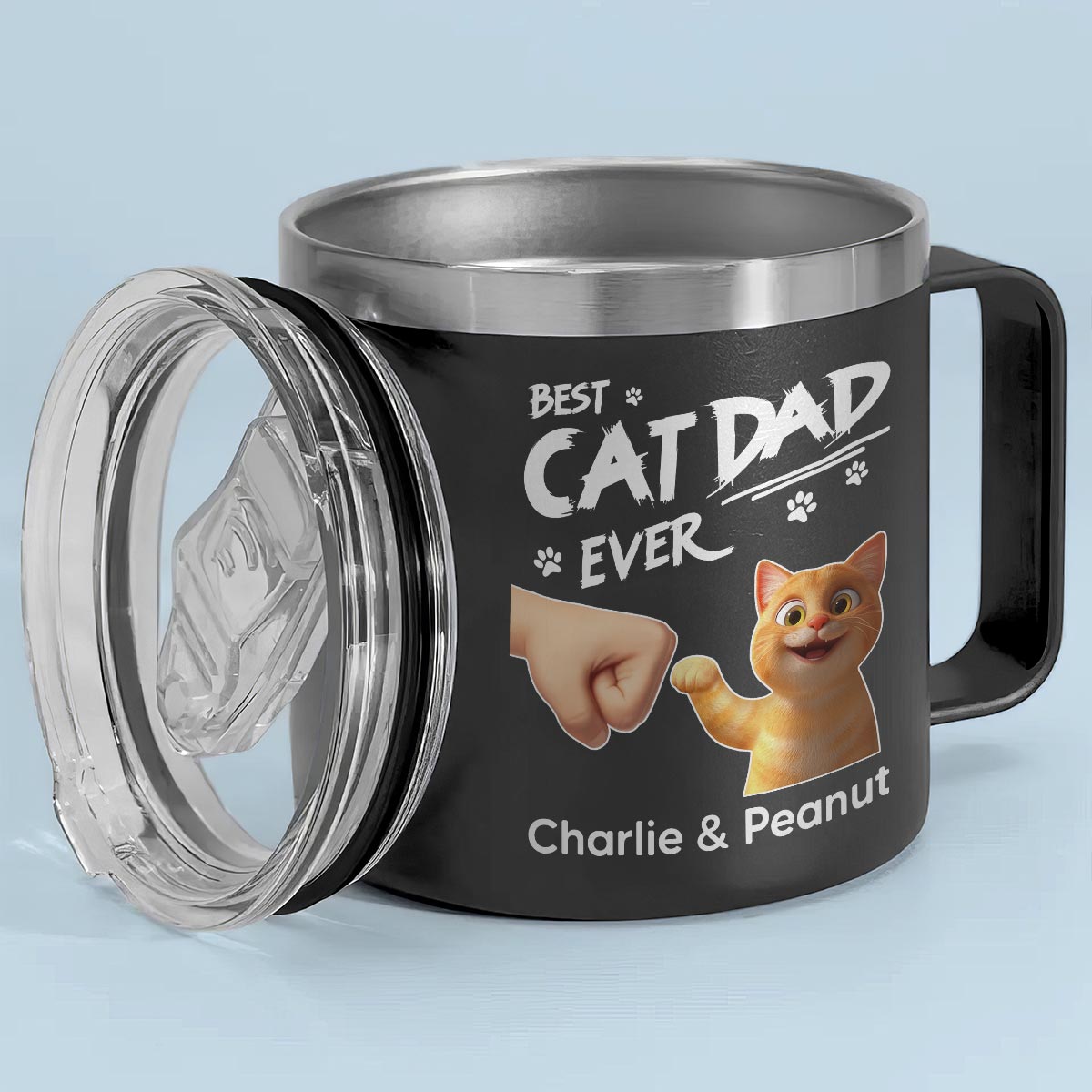 Best Cat Dad Ever Personalized Stainless Steel Tumbler With Handle, Unique 2025 Father's Day Gift For Cat Lovers