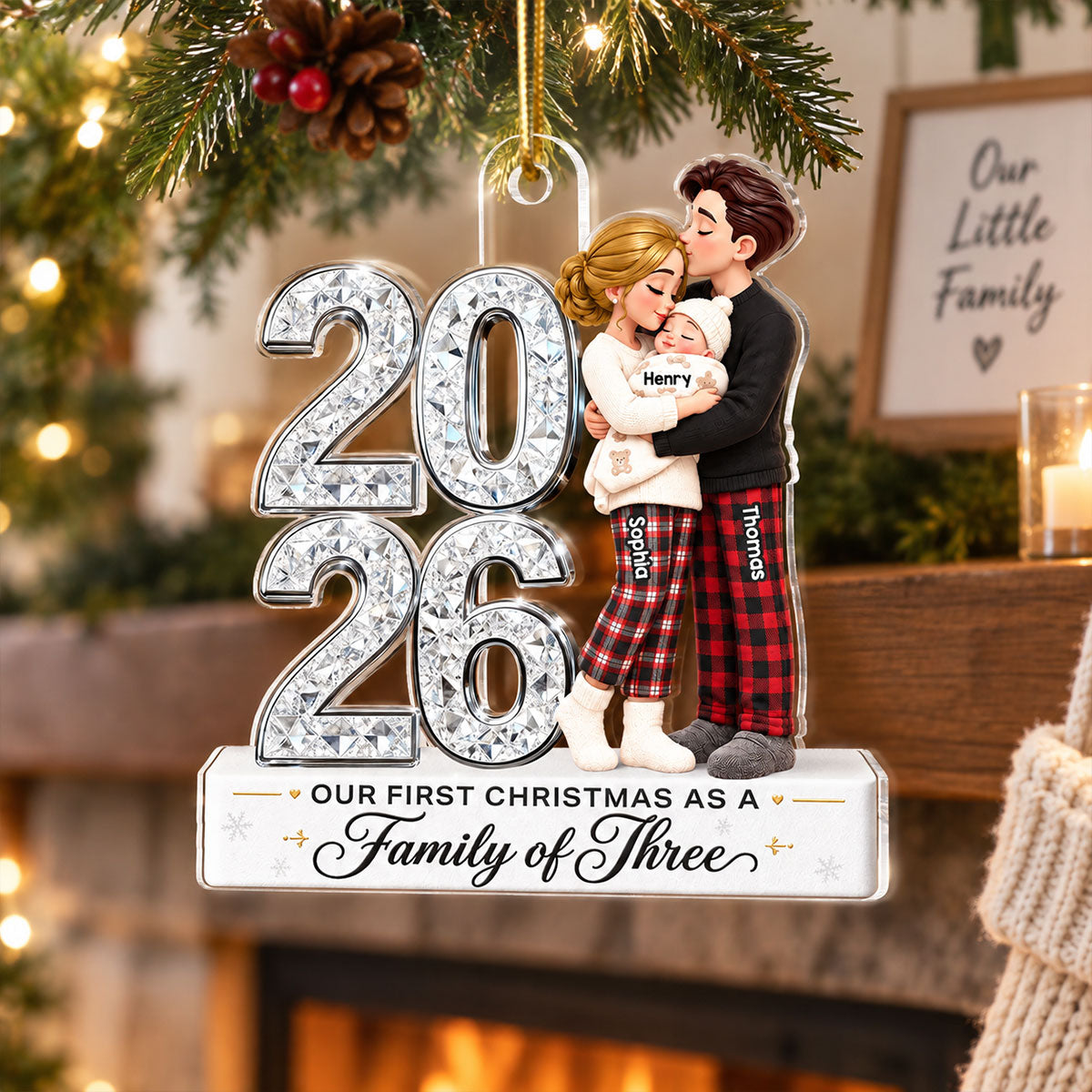 Our First Christmas As Family Of Three Custom Year 2D Flat Printed - Personalized Acrylic Ornament - Christmas Tree Keepsake For New Parents