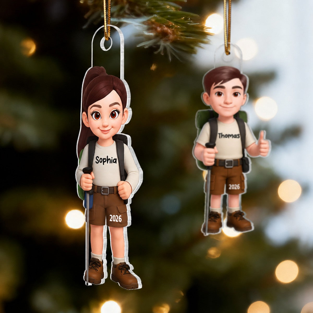 Christmas Boy Girl Hiking - Personalized Acrylic Ornament - Gift For Hiking Lovers, Hikers, Campers, Trekking Mountain, National Park Lovers, Grandson, Granddaughter