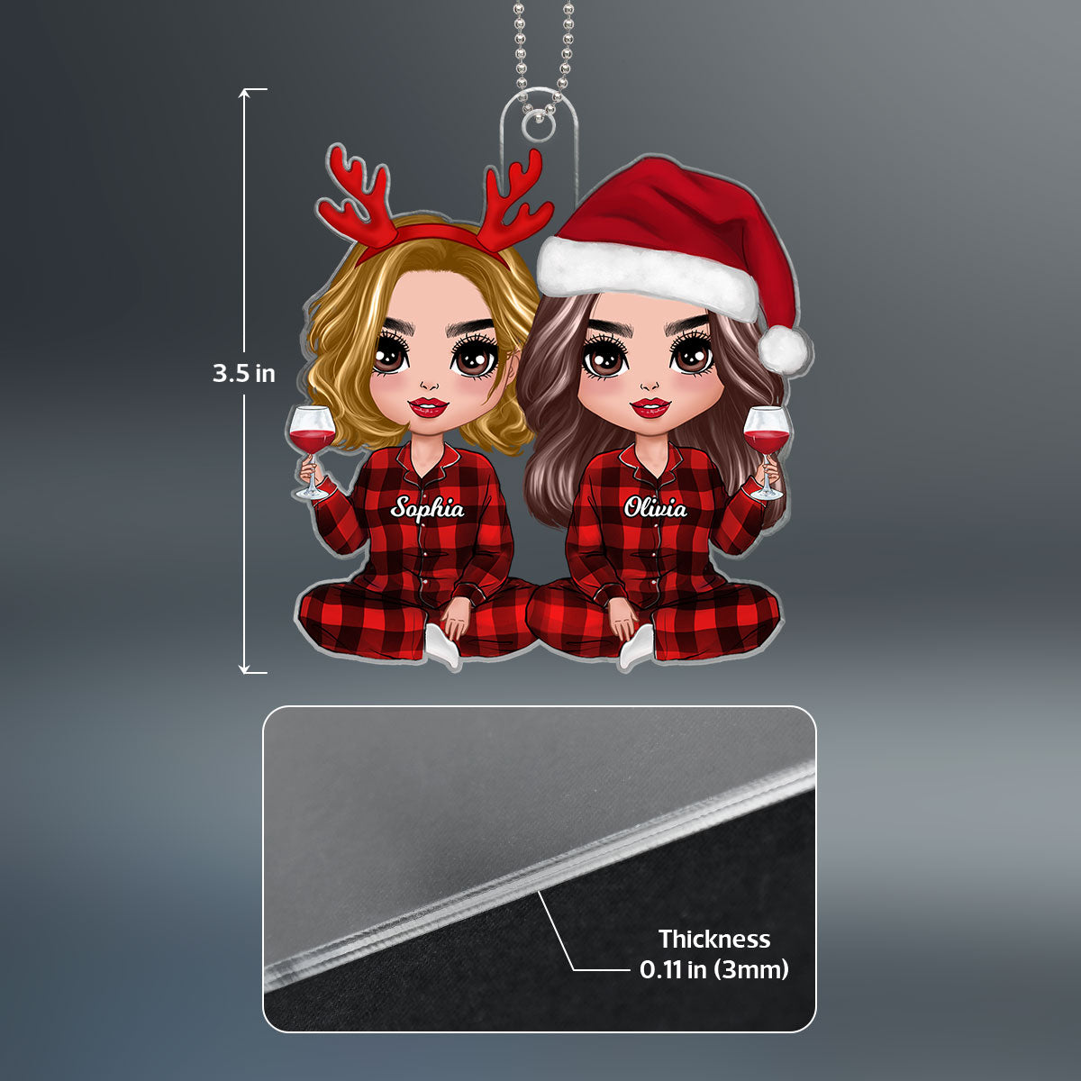 Christmas Pajamas Doll Besties Sisters Sitting Personalized Acrylic Ornament