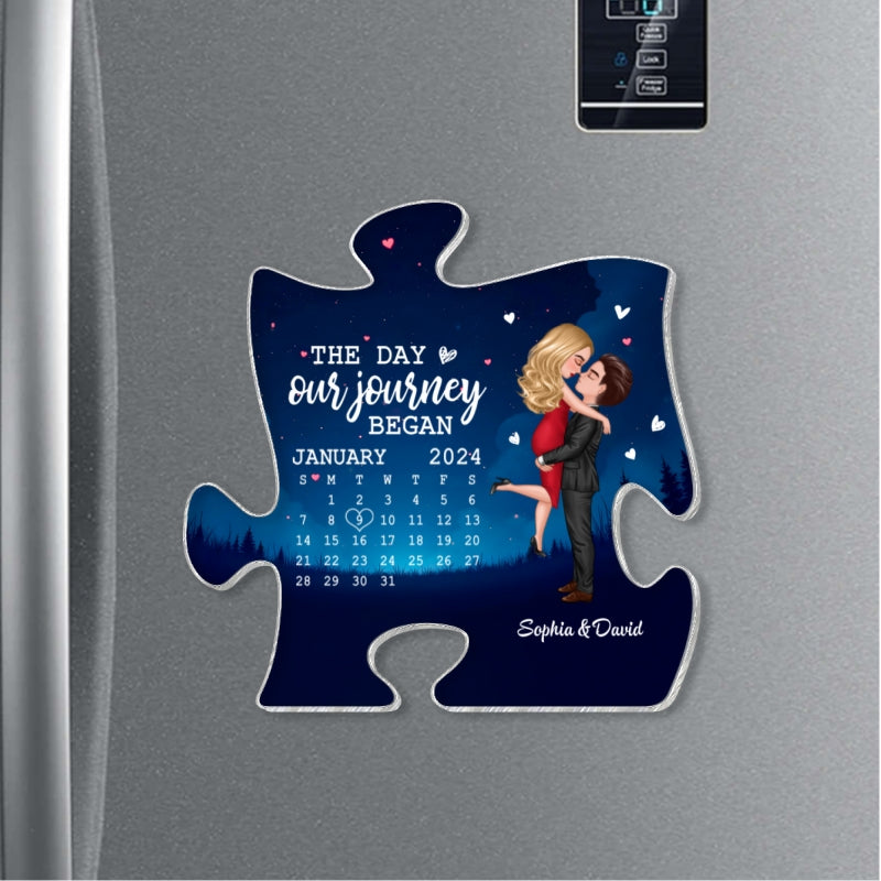 The Day Journey Began Couple Hugging Kissing Anniversary Calendar Keepsake Puzzle Shaped Personalized Acrylic Fridge Magnet