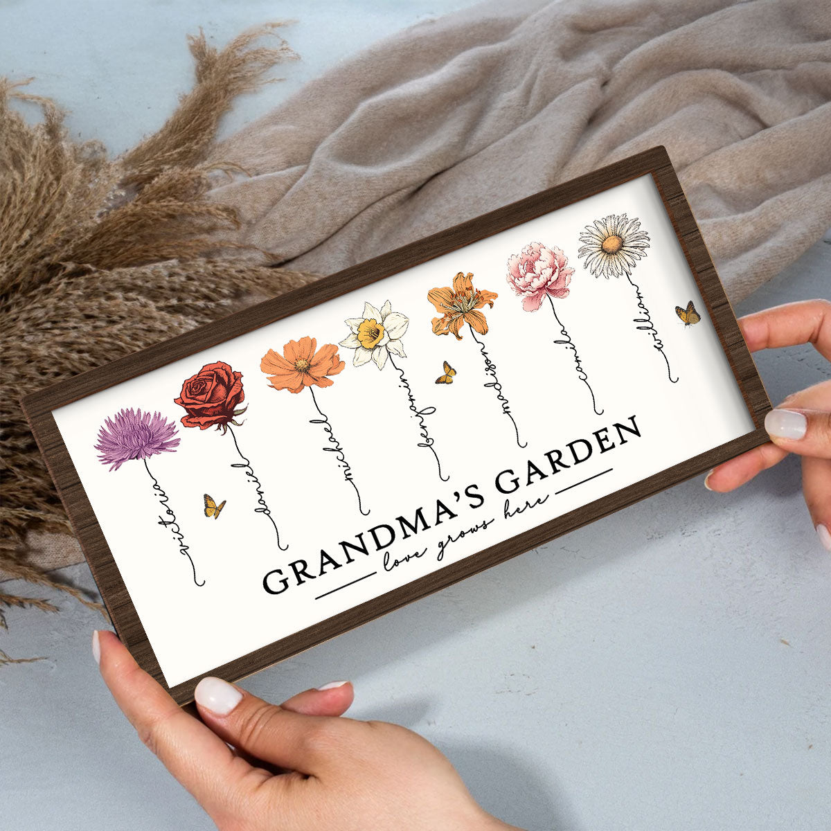 Love Grows Here Grandma's Garden Birth Month Flowers 2-Layer Wooden Plaque, Gift for Grandma, for Mom