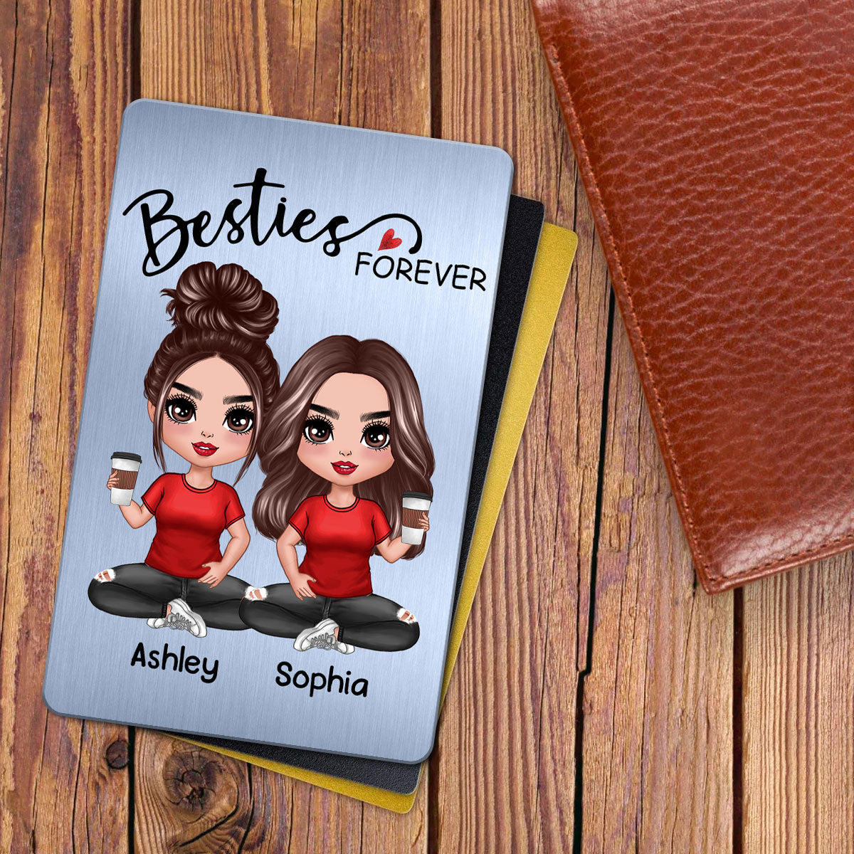 Doll Besties Sitting Besties Forever Always Sisters Personalized Metal Wallet Card