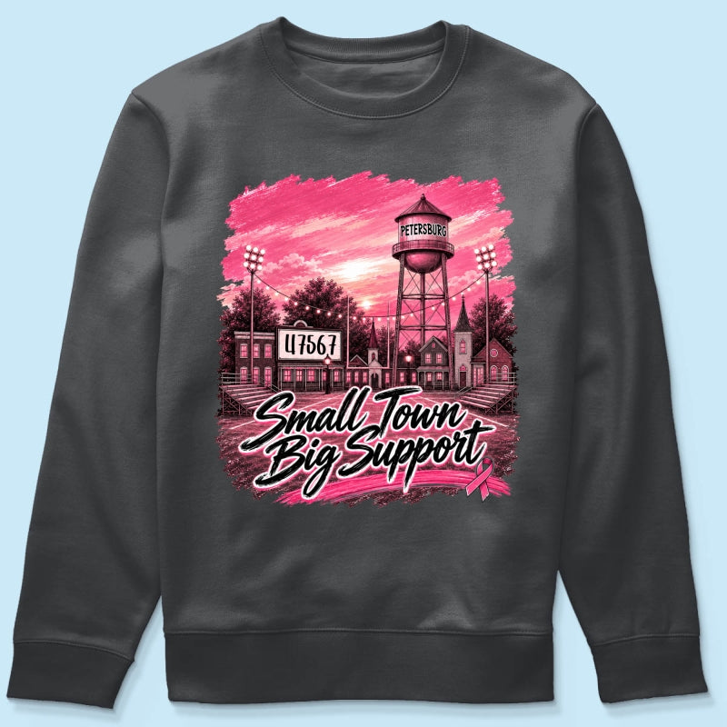 Small Town Big Support Breast Cancer Ribbon Football - Personalized Shirt - Coquette Game Day Mom Tee