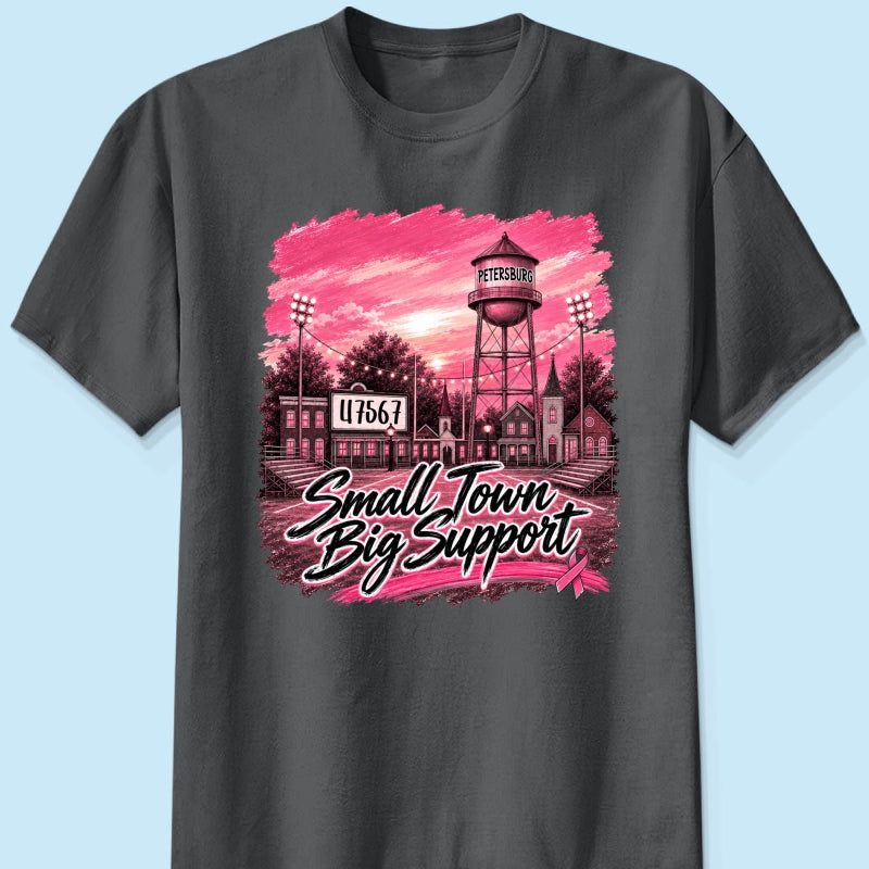 Small Town Big Support Breast Cancer Ribbon Football - Personalized Shirt - Coquette Game Day Mom Tee