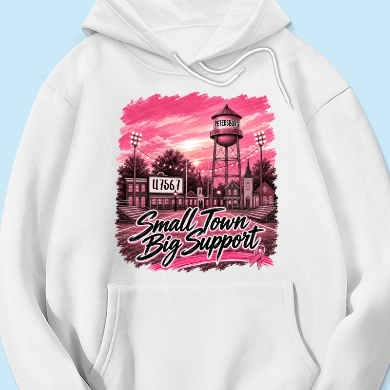 Small Town Big Support Breast Cancer Ribbon Football - Personalized Shirt - Coquette Game Day Mom Tee