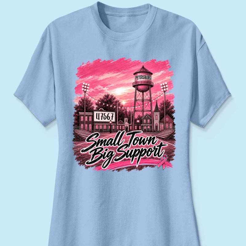 Small Town Big Support Breast Cancer Ribbon Football - Personalized Shirt - Coquette Game Day Mom Tee