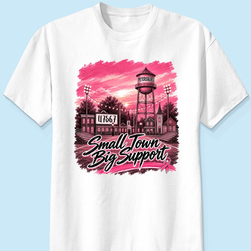 Small Town Big Support Breast Cancer Ribbon Football - Personalized Shirt - Coquette Game Day Mom Tee