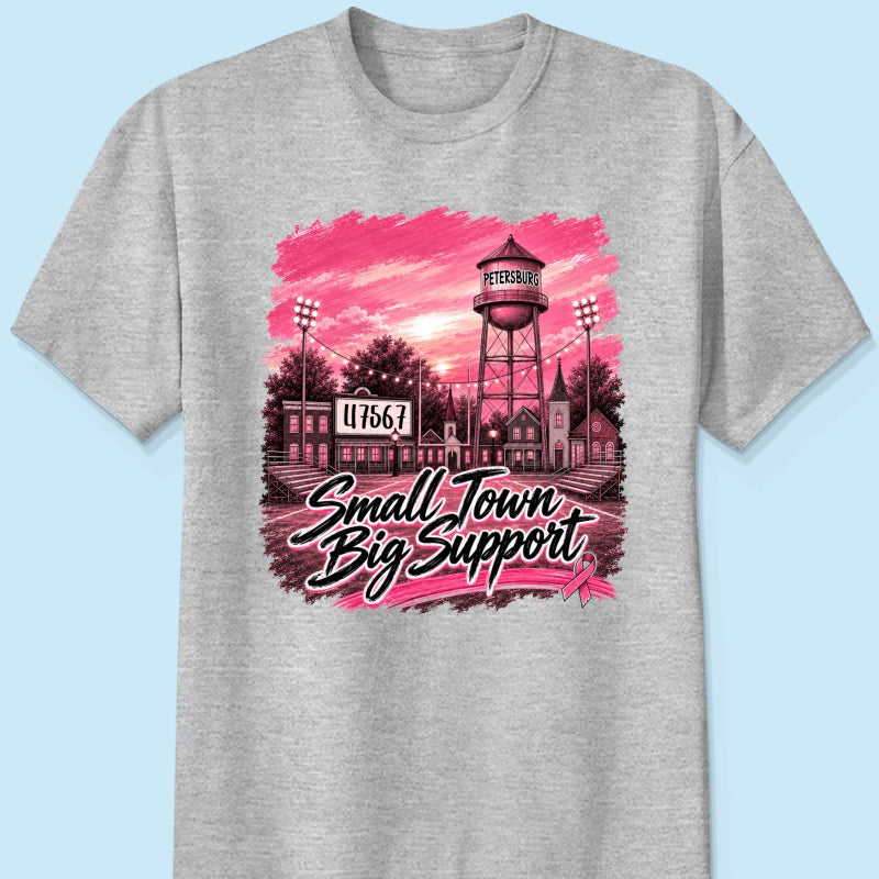 Small Town Big Support Breast Cancer Ribbon Football - Personalized Shirt - Coquette Game Day Mom Tee