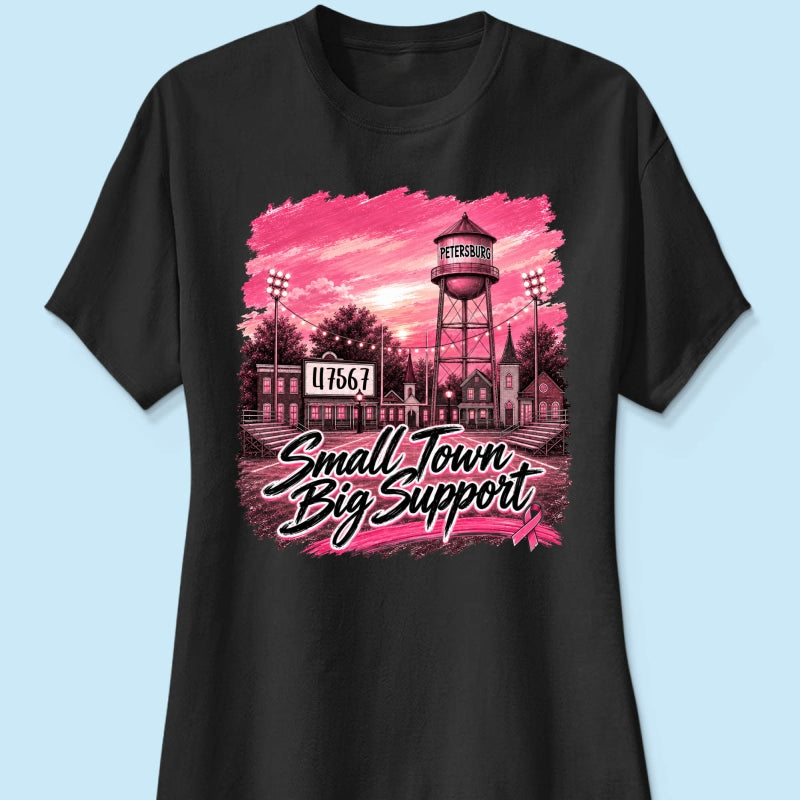 Small Town Big Support Breast Cancer Ribbon Football - Personalized Shirt - Coquette Game Day Mom Tee
