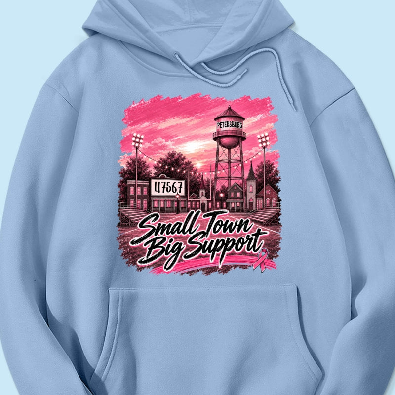 Small Town Big Support Breast Cancer Ribbon Football - Personalized Shirt - Coquette Game Day Mom Tee
