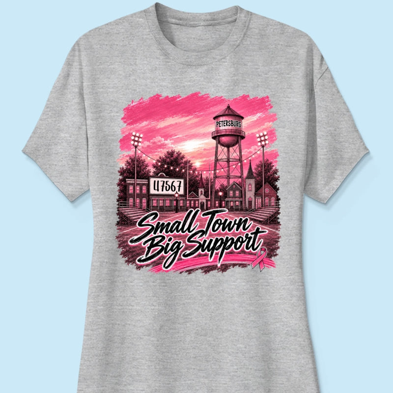 Small Town Big Support Breast Cancer Ribbon Football - Personalized Shirt - Coquette Game Day Mom Tee
