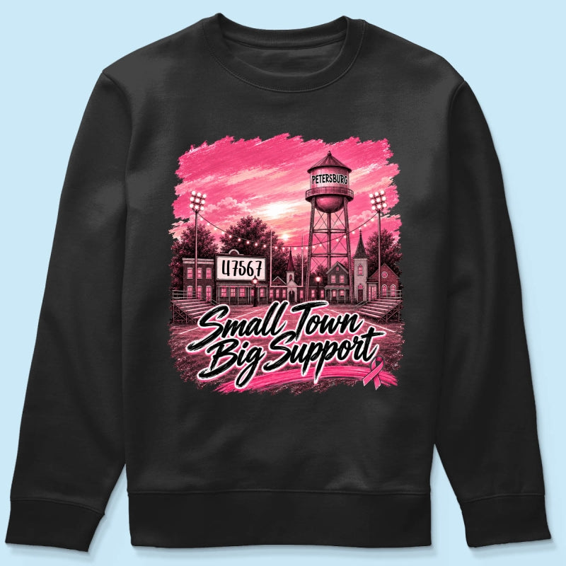 Small Town Big Support Breast Cancer Ribbon Football - Personalized Shirt - Coquette Game Day Mom Tee