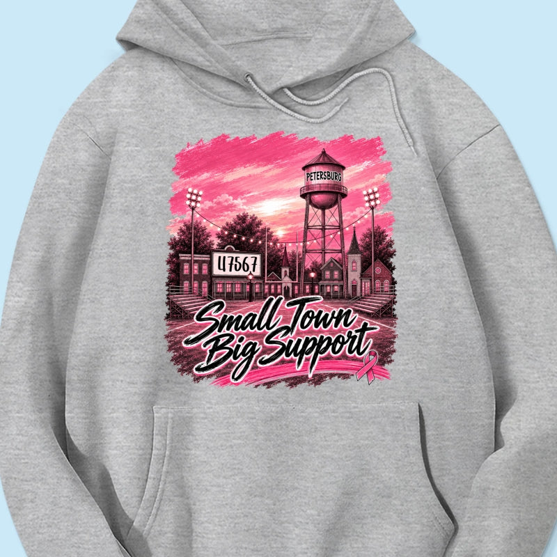 Small Town Big Support Breast Cancer Ribbon Football - Personalized Shirt - Coquette Game Day Mom Tee